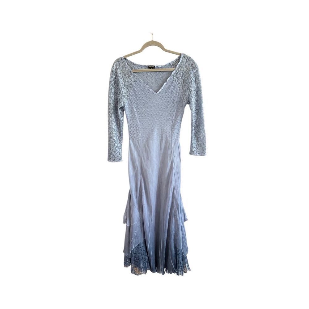Vintage Komarov Womens Blue Ombre Lace Sleeve Layered Ruffle Hem Dress Medium